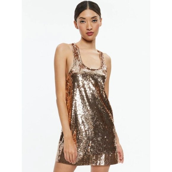 ALICE + OLIVIA Avril Bronze Sequin Mini Tank Dress Medium NWT $495 - Picture 3 of 11